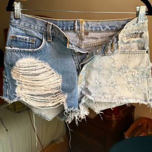 Distressed Dual-Color Denim Shorts